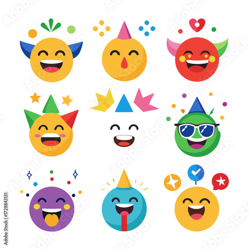 Colorful cartoon emoji set with playful party celebration theme