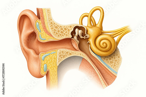 Detailed anatomical illustration of the human ear, showing the outer, middle, and inner ear structures.