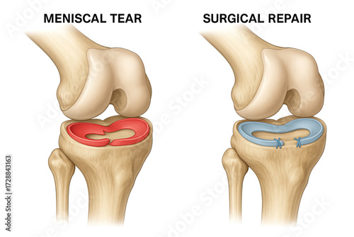 Anatomical illustration comparing a torn meniscus with a surgically repaired meniscus in a human knee joint.