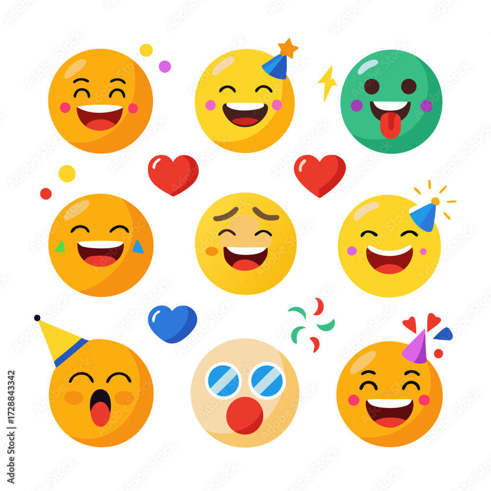 Fototapeta premium Celebratory emoji icons representing diverse emotions and party elements