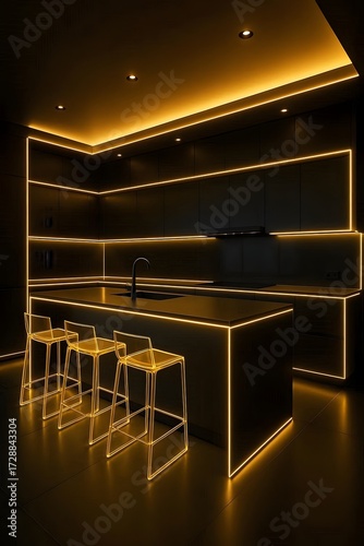 Modern kitchen interior with sleek island and stools illuminated by neon lights from above, showcasing 34.jpg design