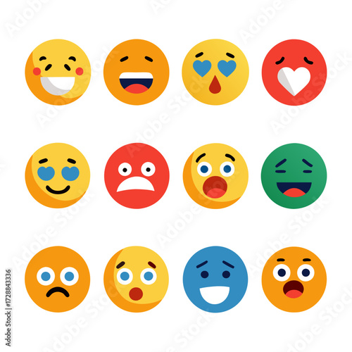 Assorted flat design emoji icons expressing varied emotions