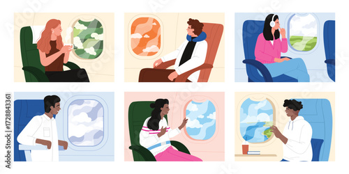Passengers travel by air plane, people sitting by window set. Male and female character looking outside porthole at clouds of sky, man and woman in airplane during flight cartoon vector illustration