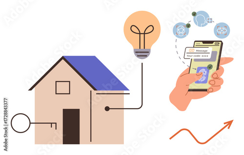 House with smart lock, light bulb connection, hand holding phone with app authentication, and upward trend arrow. Ideal for home automation, security, innovation, IoT, remote control technology