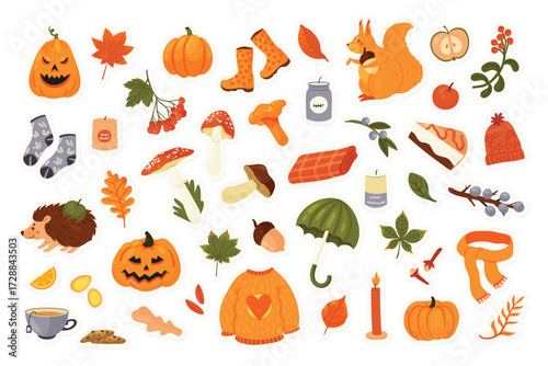 Autumn stickers pack set vector illustration. Cartoon autumn collection with fall acorn and edible mushrooms, Halloween pumpkin, orange leaf of maple oak and chestnut, cozy warm plaid hot tea isolated