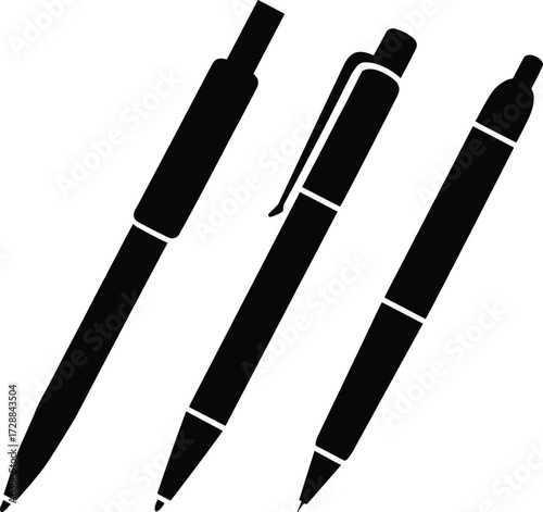  Set of pen silhouettes, ballpoint pen, ink pen, office supply, writing instrument, stationery tool, simple vector illustration, isolated black design