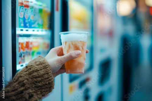 A person enjoys a refreshing drink from a cup by vending machines located in a lively area during the evening