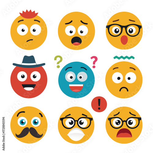 Collection of cartoon emojis with different faces and accessories
