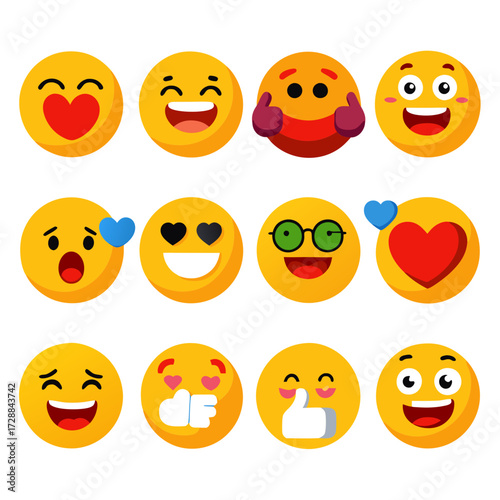Variety of flat design emoji icons on a white background