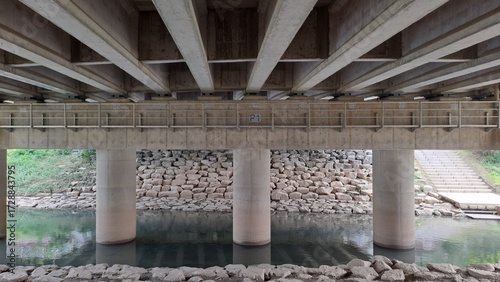 underneath a concrete bridge with piers over a stream and stone embankment