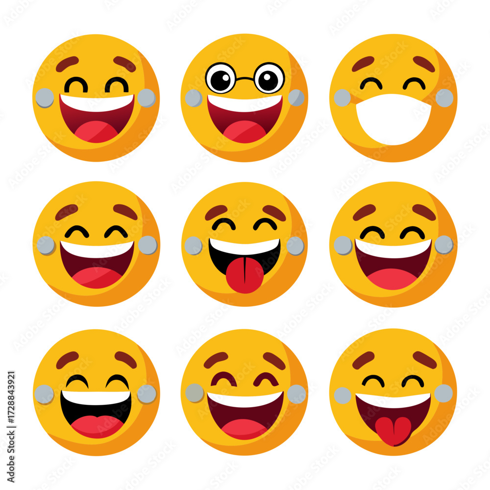 Fototapeta premium Collection of varied yellow happy face emojis with distinct expressions