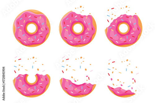 Bitten donut set, sequence game animation of eaten doughnut. Animated stages of eating food dessert of bakery, bite progression of round cake with pink cream and crumbs cartoon vector illustration
