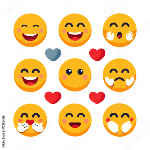 Collection of flat vector yellow emoticons with varied expressions