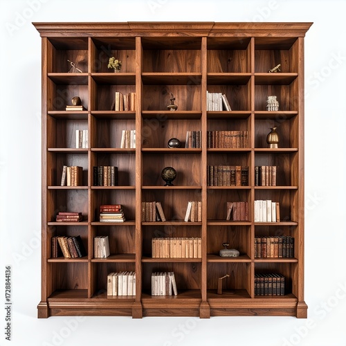 Elegant wooden bookcase showcasing a collection of various books and decor pieces against a white background