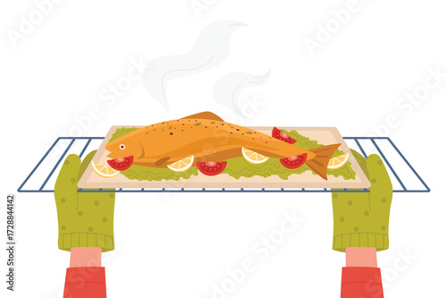 Cartoon chef cooking fish in home kitchen, making dinner flat vector illustration. Tasty food recipe, cooking concept. Hands in gloves taking out tray of fish from baking oven.