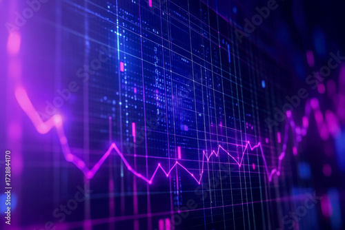 Colorful lines and charts show data trends on a digital display in a tech-focused workspace during a busy day