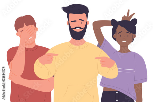 Joke and fun time of three best friends vector illustration. Cartoon guys and girl standing together in city park, group of happy male and female students laughing isolated. Friendship concept
