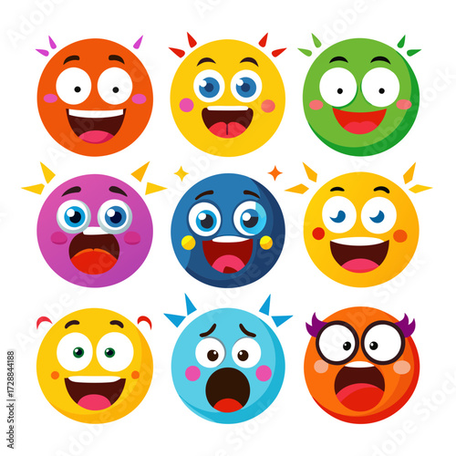 Nine colorful circle characters displaying different emotions and moods