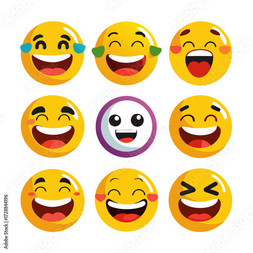 Set of cheerful, colorful emojis expressing diverse emotions