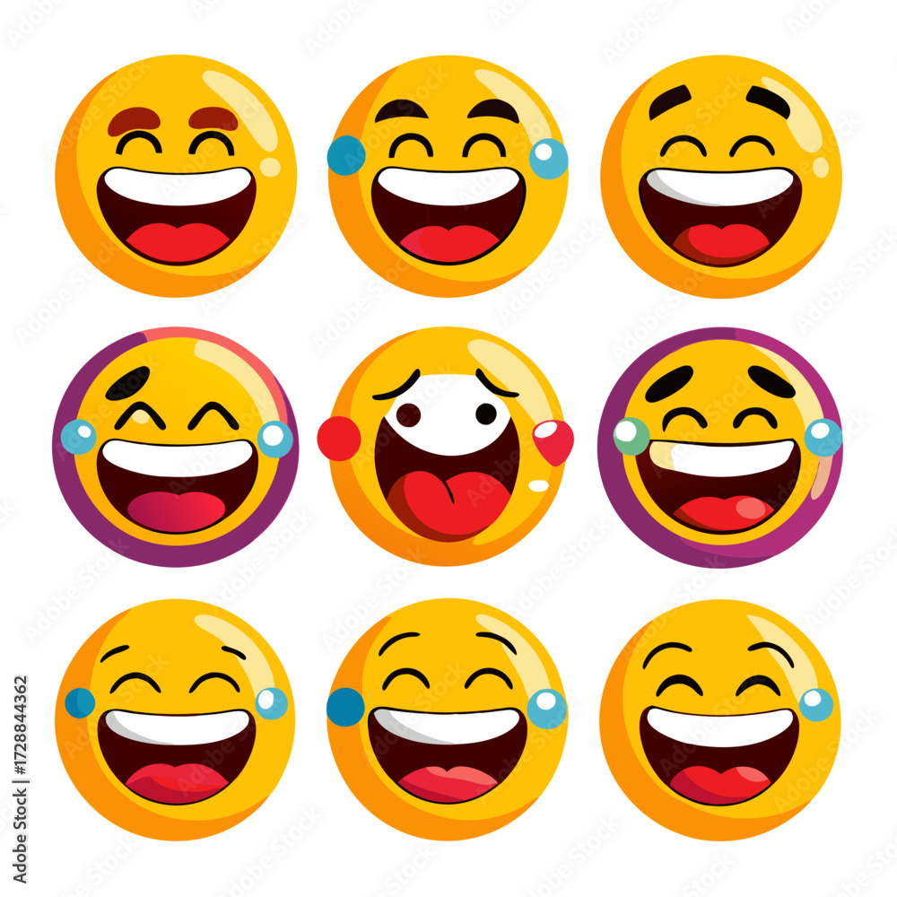 Fototapeta premium Collection of diverse happy laughing yellow emoji characters