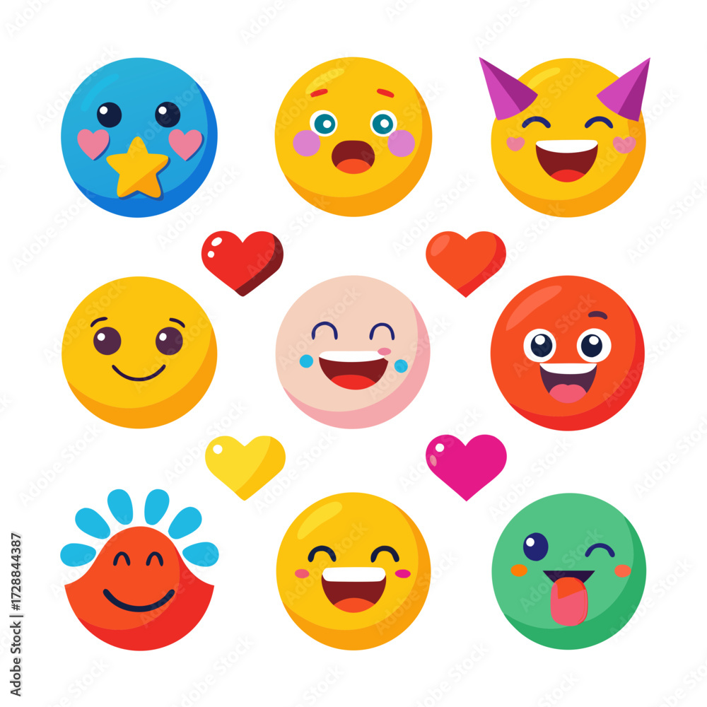 Fototapeta premium Collection of colorful flat emoji with hearts on white