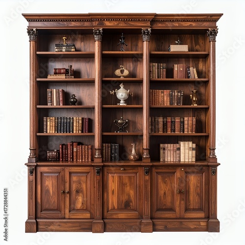 Elegant wooden bookshelf featuring classic design and curated decor against white background