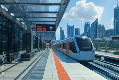 A sleek train pulls into a busy station surrounded by tall buildings on a sunny day. Passengers wait on the platform