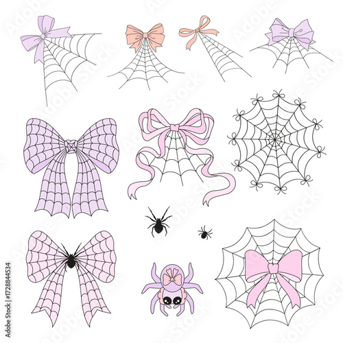 Cute Coquette Halloween Spider Cobweb Clipart Set. Pastel Girly Spooky Webs with Bows, Trendy Halloween Elements Isolated on White