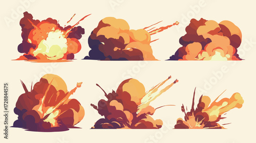 Colorful and dynamic visual representation of explosions with vivid colors and smoke. Each stage captures the intense moments of an explosion in a stylized way.