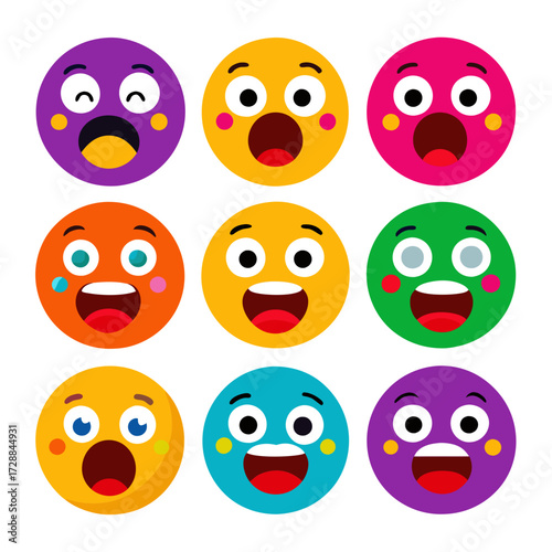 Grid of Colorful Cartoon Emoji Faces with Surprise Expressions