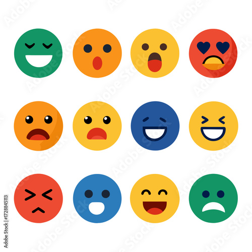 Twelve colorful emoji icons expressing different human emotions