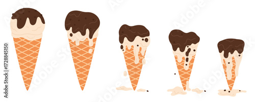 Ice cream choco melts set, sequence game animation of melting frozen chocolate sundae ball in waffle cone. Animated stages of dripping soft ice cream, melted dessert cartoon vector illustration