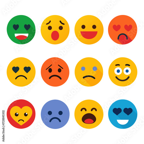 Twelve flat design emoji with different expressions on white