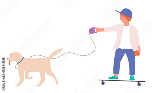 Kid walking dog on leash and skateboarding vector illustration. Cartoon active boy playing with cute puppy on green city park, child riding skateboard background. Outdoor activity, sports concept