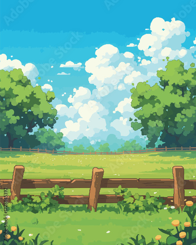 Vibrant green fields under a clear blue sky filled with fluffy white clouds create a cheerful outdoor scene. A rustic wooden fence lines the edge of the field.