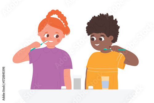 Kids brushing teeth in home bathroom with sink, child morning healthy oral hygiene routine vector illustration. Cartoon cute girl boy children character holding toothbrush to brush teeth background
