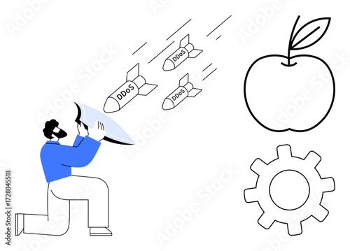 Man kneeling holding shield to defend against DDoS missiles, with apple and gear symbols. Ideal for cybersecurity, defense, internet safety, technology protection, system maintenance, innovation