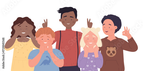 Cute kids friends with jokes and funny gestures standing together in green city park vector illustration. Cartoon multicultural group of happy children students laughing background. Friendship concept