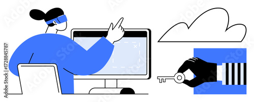 Person using virtual reality interface for cloud data management alongside key symbolizing secure digital access. Ideal for cybersecurity, cloud computing, online safety, technology, digital privacy