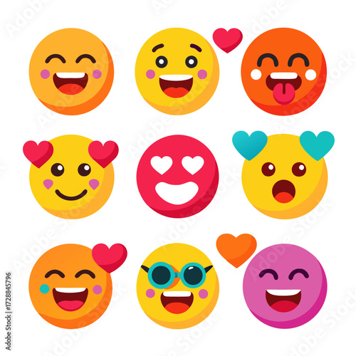 Collection of cheerful emoji faces expressing different emotions