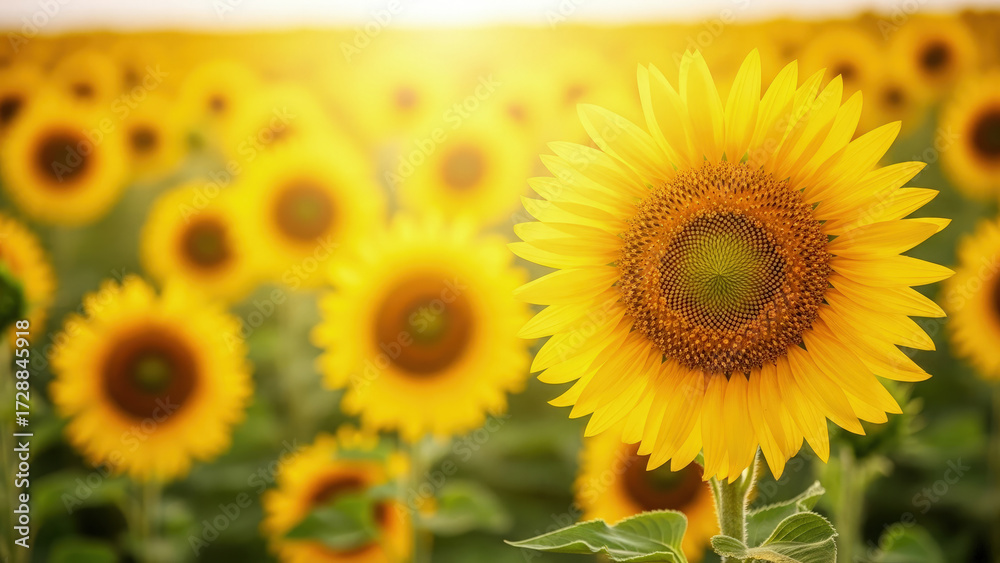 Obraz premium A vibrant field of sunflowers basking in the warm glow of sunlight, showcasing their bright yellow petals and dark centers.