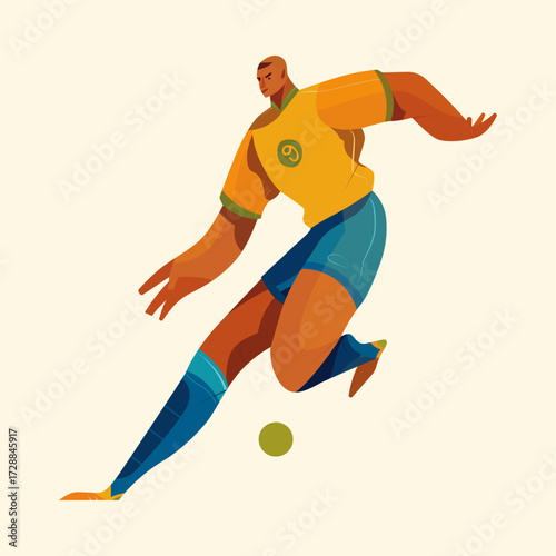 A dynamic illustration of a soccer player in a yellow jersey and blue shorts, mid-action as he prepares to kick the ball. Modern, bold, and energetic sports artwork.