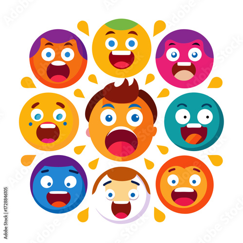 Collection of diverse cartoon emoticons expressing shock and excitement