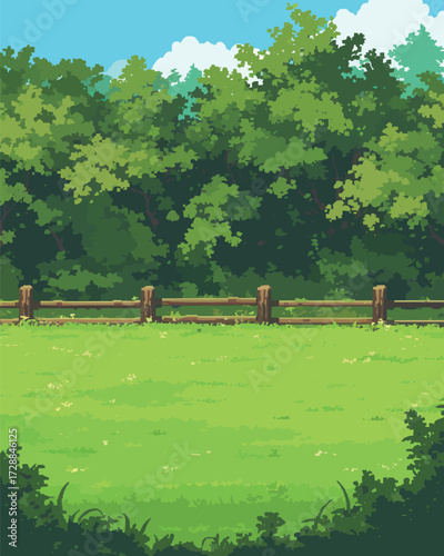 A vibrant green meadow stretches out, bordered by a rustic wooden fence. Lush trees surround the area, creating a peaceful scene beneath a bright blue sky.