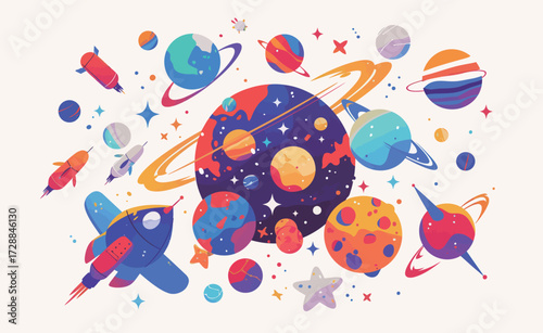 This vibrant artwork showcases various planets, rockets, and stars set in a colorful galaxy. Different celestial bodies are illustrated with excitement and creativity.