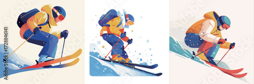 Three illustrations depict dynamic skiing scenes with skiers in colorful gear carving through the snow. The images highlight skill and speed in winter sports.