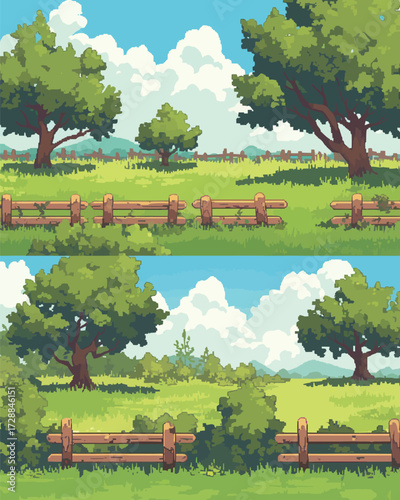 A vibrant landscape features lush green grass, tall trees, and a rustic wooden fence under a clear blue sky with fluffy clouds. Nature thrives in this serene scene.