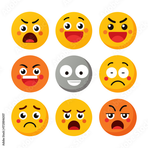 Nine vibrant emoji faces expressing diverse emotions and moods