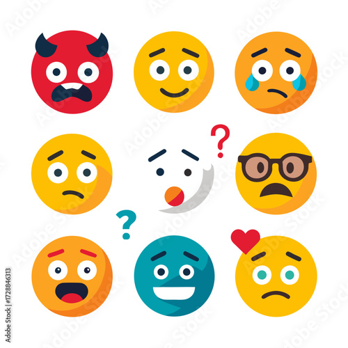 Collection of flat-design emoji displaying different emotional expressions