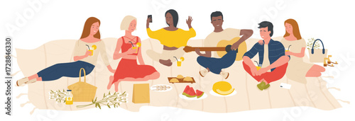 Young people students on picnic in summer nature green park vector illustration. Cartoon happy friends man woman characters enjoy weekend, have fun, eat picnic food together summertime background